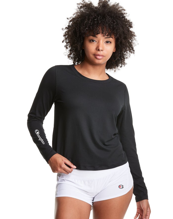 Champion Womens T-Shirt NZ - Soft Touch Cutout Long-Sleeve Black ( 3764-JAPMF )